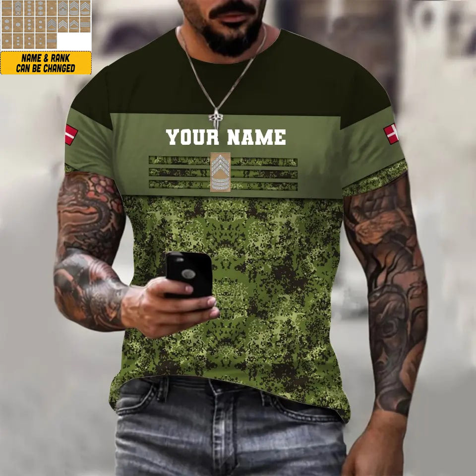 Personalisiertes T-Shirt mit dänischem Soldaten-/Veteranen-Tarnmuster mit Namen und Rang, 3D-Druck – 1201240001QA