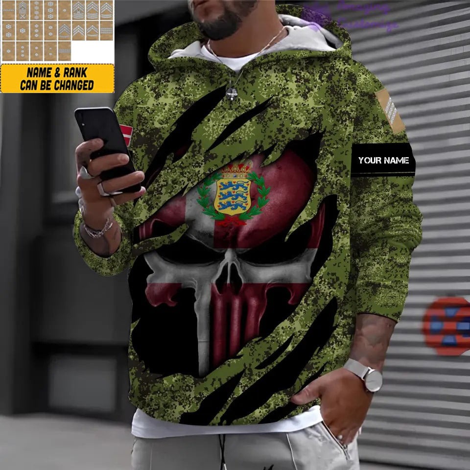 Personalisierter Kapuzenpullover mit Camouflage-Muster für dänische Soldaten/Veteranen mit Namen und Rang, 3D-Druck – 17125344