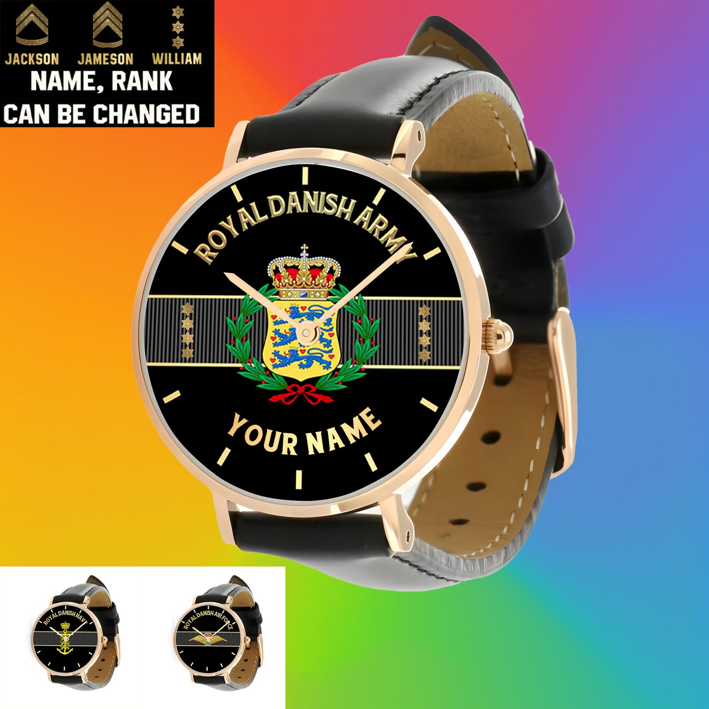 Personalisierte dänische Soldat/Veteran mit Namen und Rang, schwarze genähte Lederuhr – 0703240001 – goldene Version