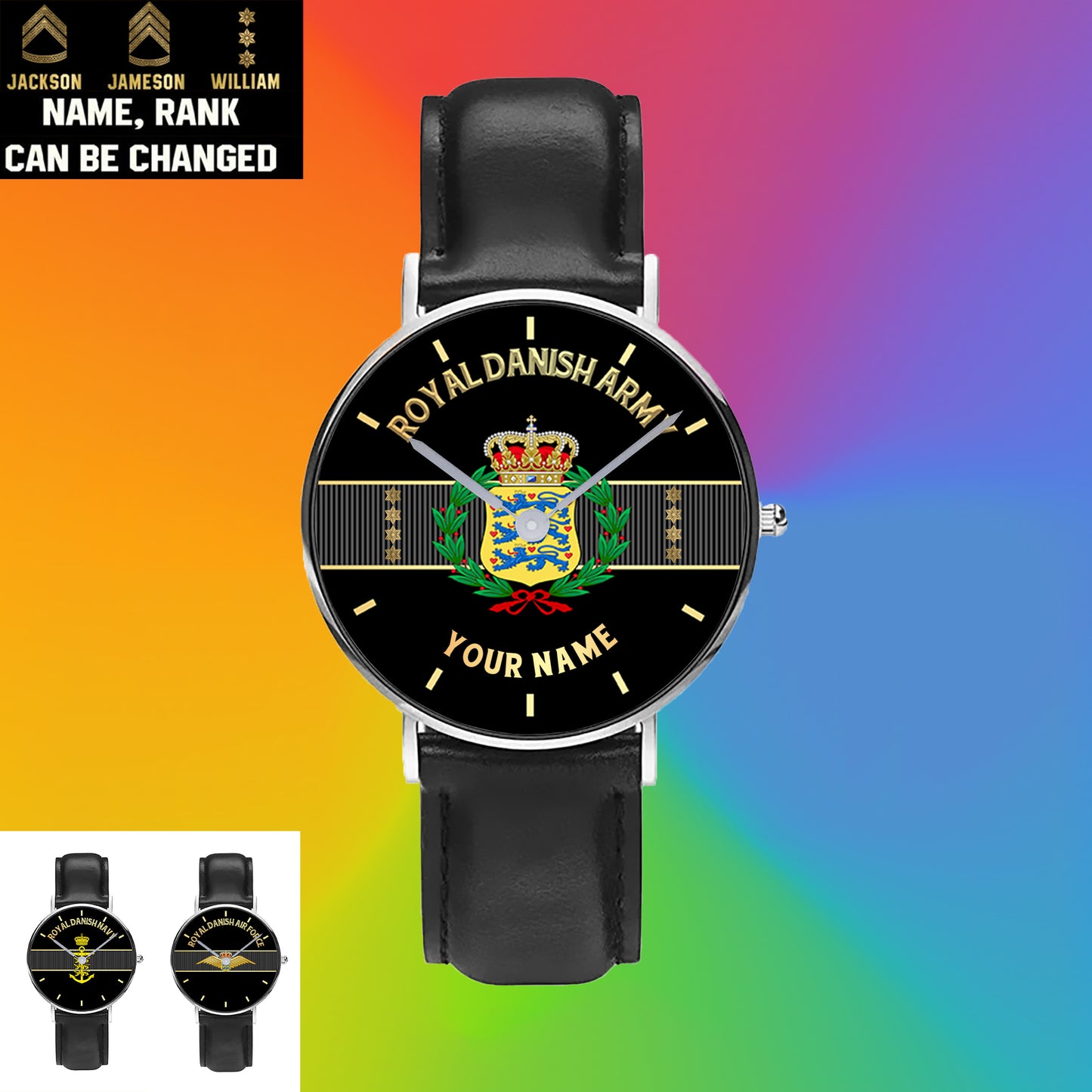 Personalisierte dänische Soldat/Veteran mit Namen und Rang, schwarze genähte Lederuhr – 0703240001 – goldene Version