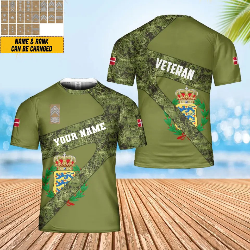 T-shirt personnalisé avec camouflage soldat/vétéran du Danemark avec nom et grade imprimé en 3D - 2601240001