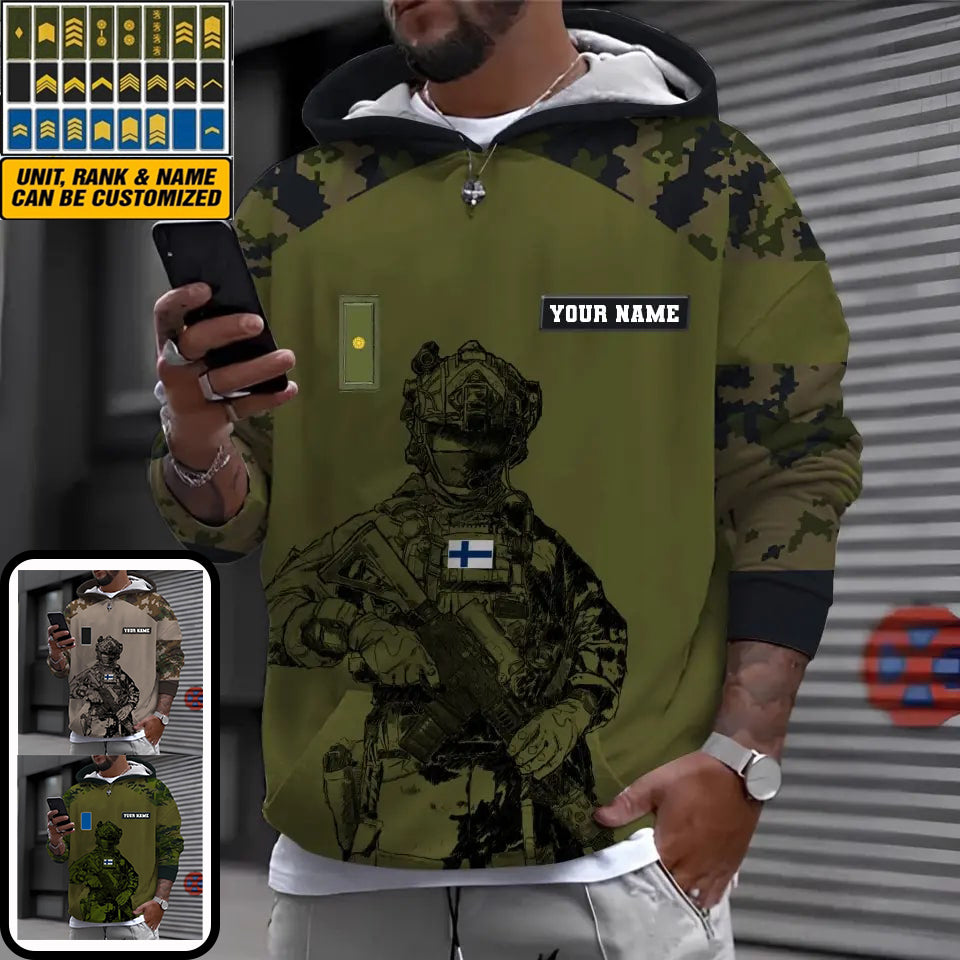 Sweat à capuche personnalisé avec camouflage soldat/vétéran finlandais avec nom et grade imprimé en 3D -1212230001