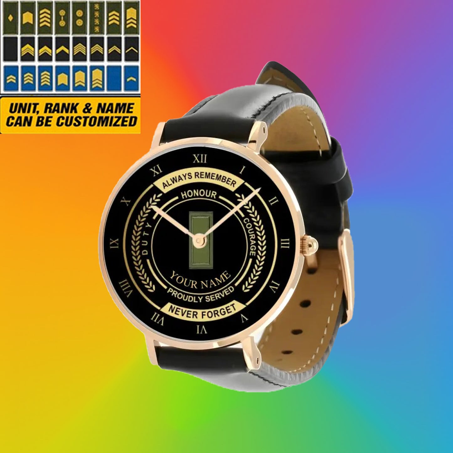 Montre personnalisée en cuir noir avec coutures noires pour soldat/vétéran finlandais avec nom et grade - 0603240002 - Version dorée