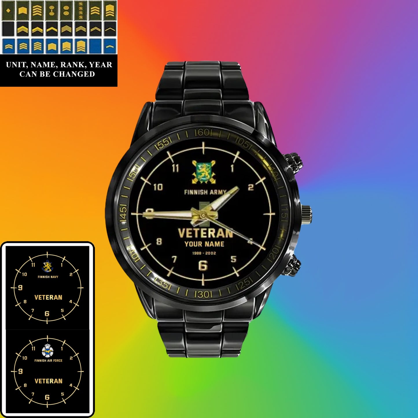 Montre personnalisée en acier inoxydable noir pour soldat/vétéran finlandais avec nom, grade et année - 03052402QA - Version dorée