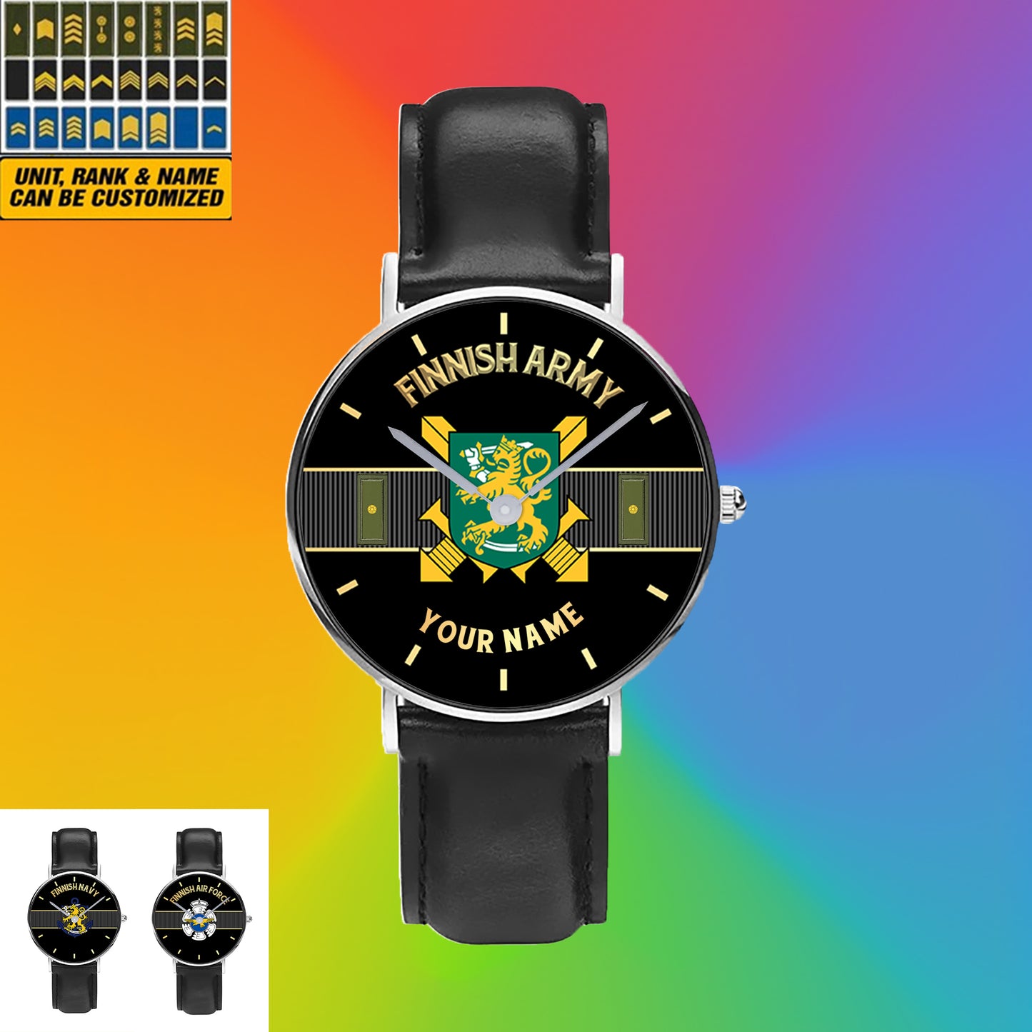 Montre personnalisée en cuir noir avec coutures noires pour soldat/vétéran finlandais avec nom et grade - 0703240001