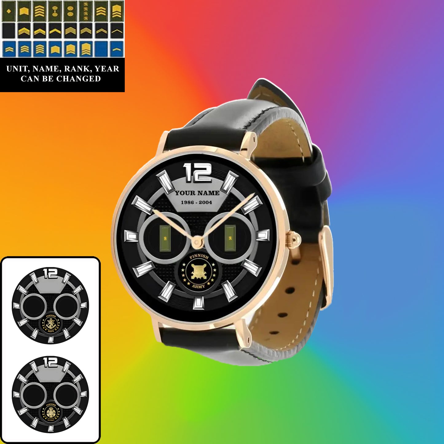 Montre personnalisée en cuir noir cousu pour soldat/vétéran finlandais avec nom, grade et année - 27042401QA - Version dorée