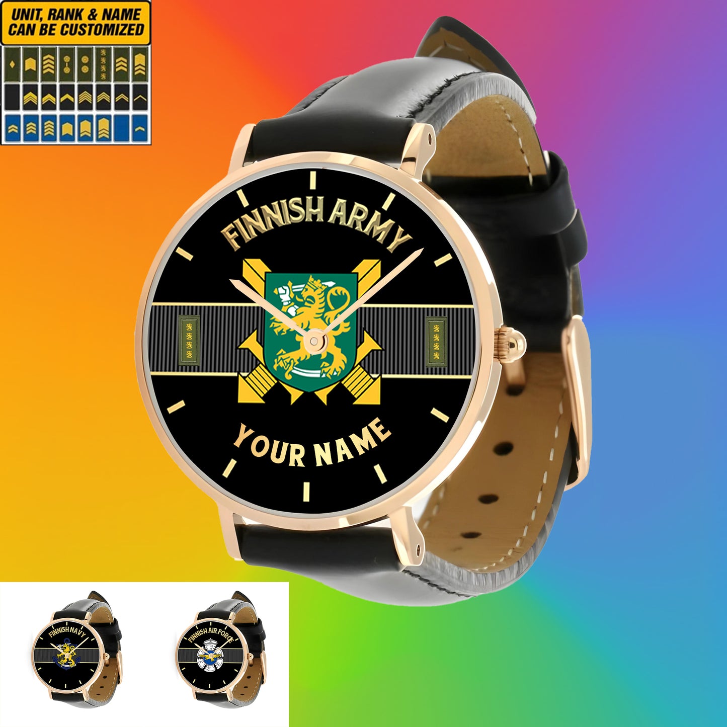 Montre personnalisée en cuir noir avec coutures noires pour soldat/vétéran finlandais avec nom et grade - 0703240001