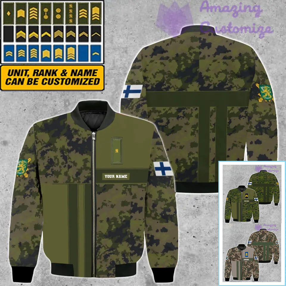 Personalisierte Bomberjacke mit finnischem Soldaten-/Veteranen-Tarnmuster und Namen und Rang, 3D-Druck – 07052401QA