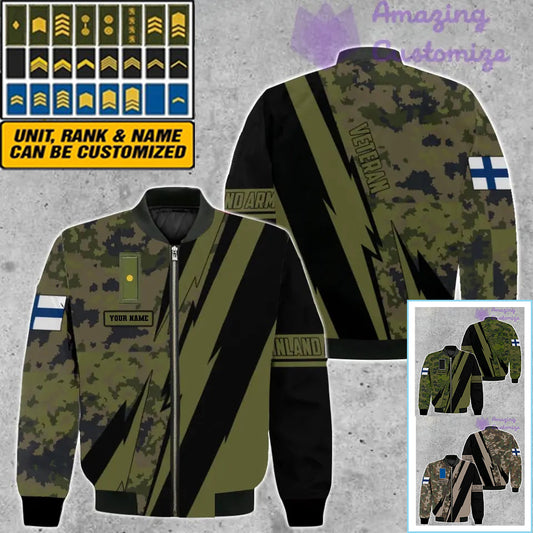 Personalisierte Bomberjacke mit finnischem Soldaten-/Veteranen-Camouflagemuster und Namen und Rang, 3D-Druck -03042401QA