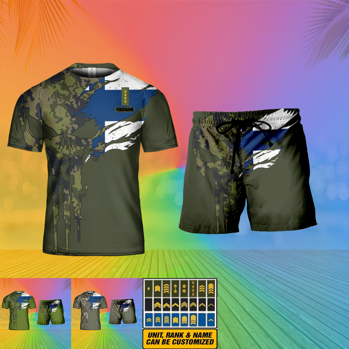 T-shirt personnalisé avec camouflage soldat/vétéran finlandais avec nom et grade + short imprimé en 3D