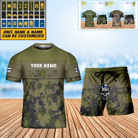 Personalisiertes finnisches Soldaten-/Veteranen-Tarnmuster mit Namen und Rang, Kombi-T-Shirt + Short, 3D-Druck – 1201240001QA