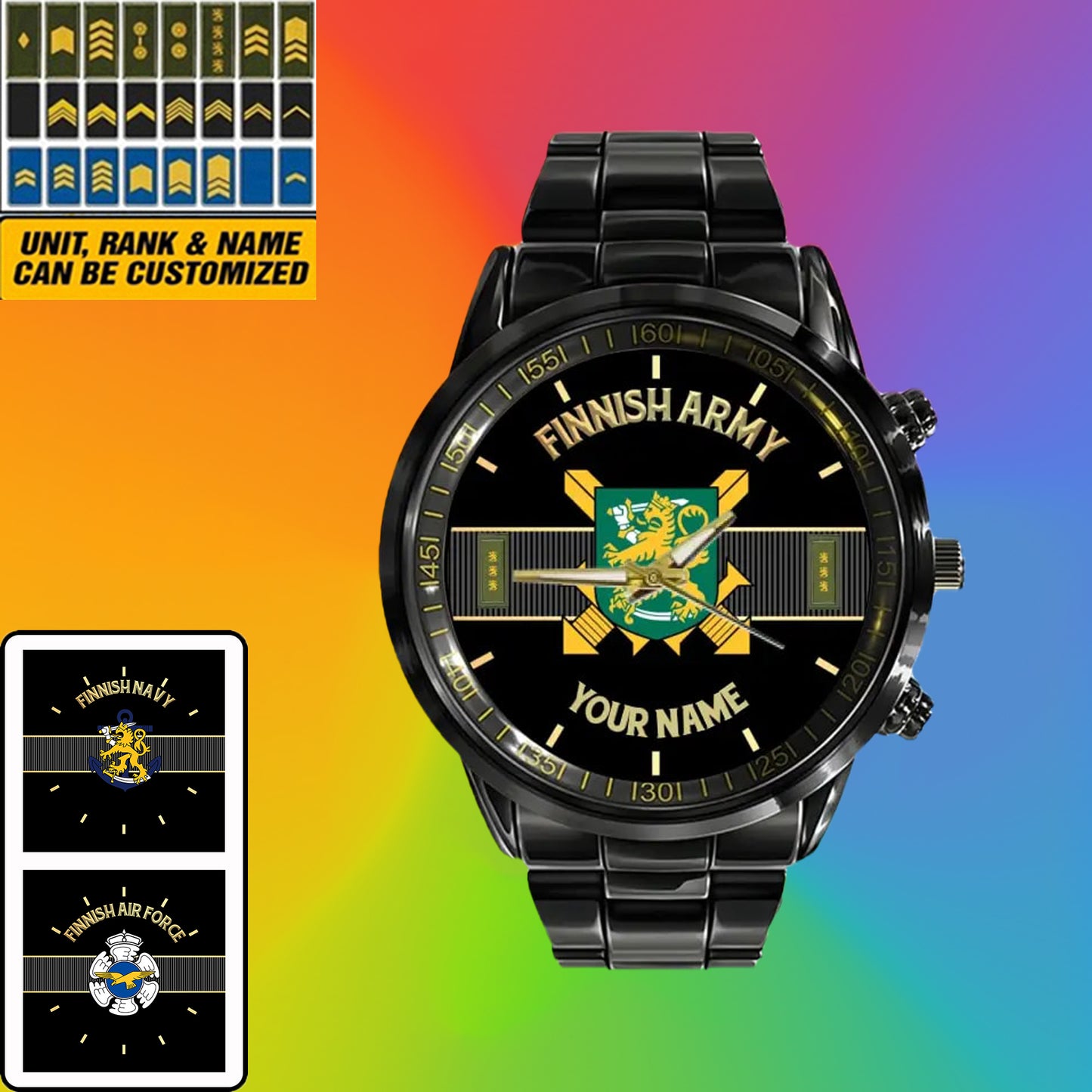 Personalized Finland Soldier/ Veteran With Name And Rank Black Stainless Steel Watch - 0703240001