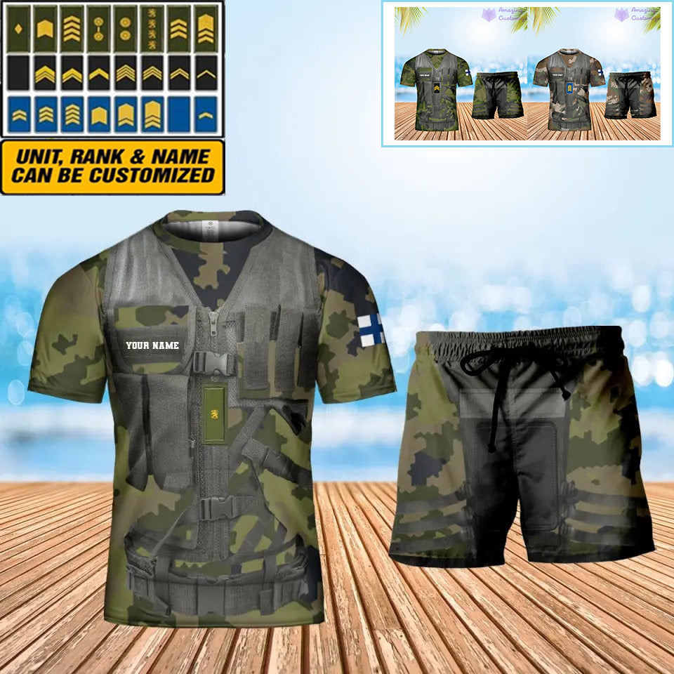 Personalisiertes finnisches Soldaten-/Veteranen-Tarnmuster mit Namen und Rang, Kombi-T-Shirt + Short, 3D-Druck – 22042401QA