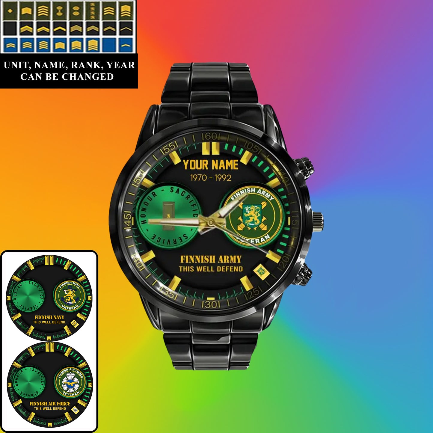 Personalized Finland Soldier/ Veteran With Name, Rank and Year Black Stainless Steel Watch - 18062402QA - Gold Version