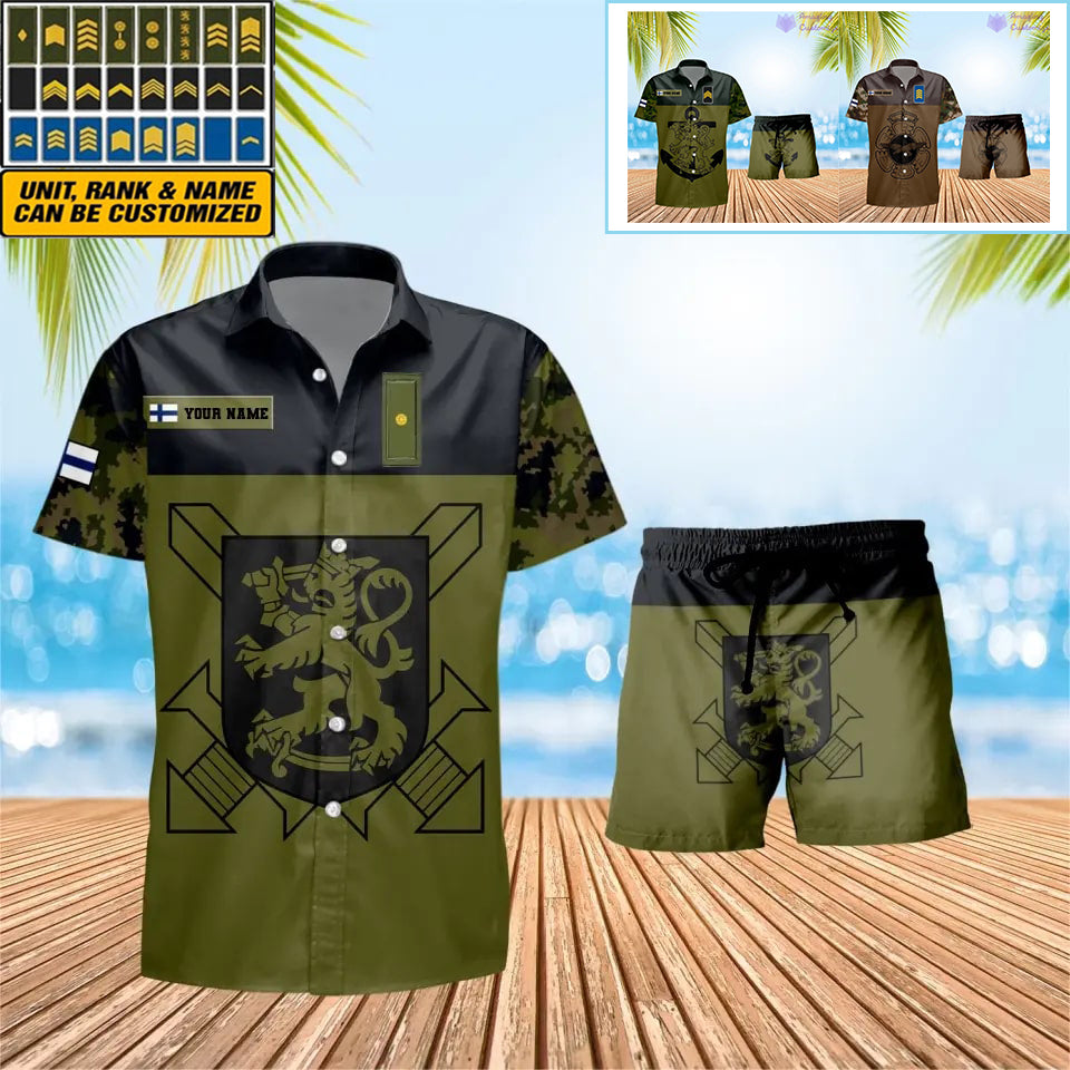 Personalisierter finnischer Soldat/Veteran, Camouflage mit Rangkombination, Hawaiihemd + Shorts, 3D-Druck – 0906230001QA