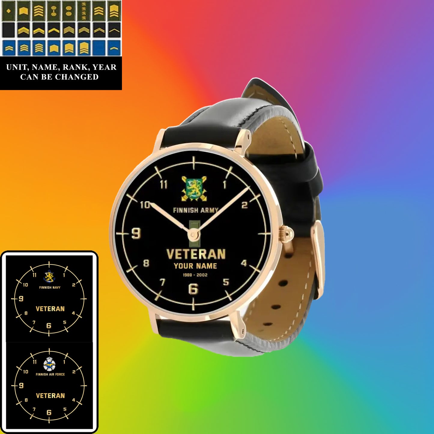 Montre personnalisée en cuir noir avec coutures noires pour soldat/vétéran finlandais avec nom, grade et année - 03052402QA - Version dorée