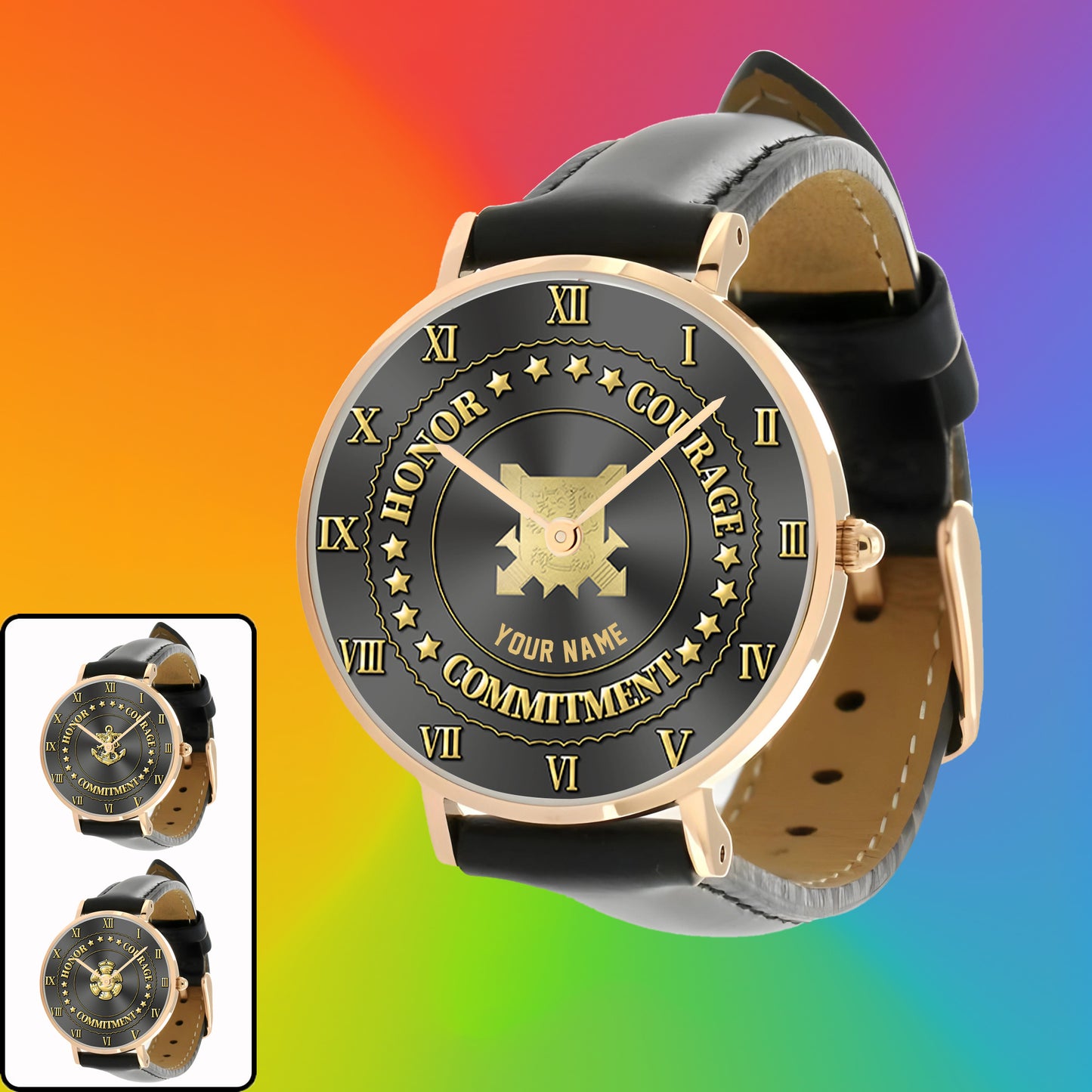 Montre personnalisée en cuir noir avec coutures noires pour soldat/vétéran finlandais - 2203240001 - Version dorée