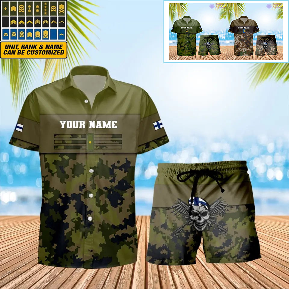 Personalisierter finnischer Soldat/Veteran, Camouflage mit Rangkombination, Hawaiihemd + Shorts, 3D-Druck – 1201240001QA