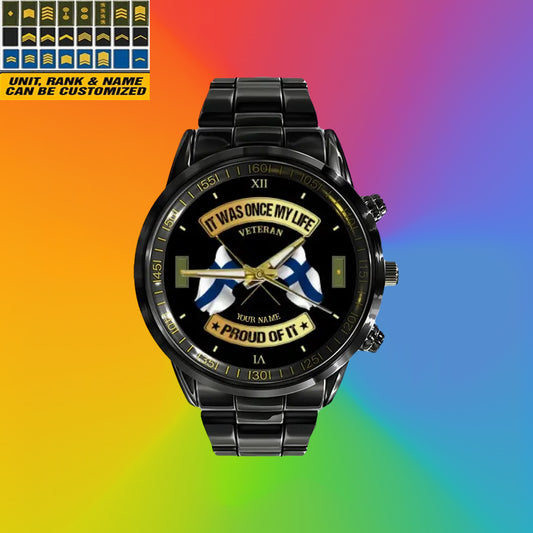 Personalisierte finnische Soldat/Veteran mit Namen und Rang schwarze Edelstahluhr - 03052401QA - Goldversion