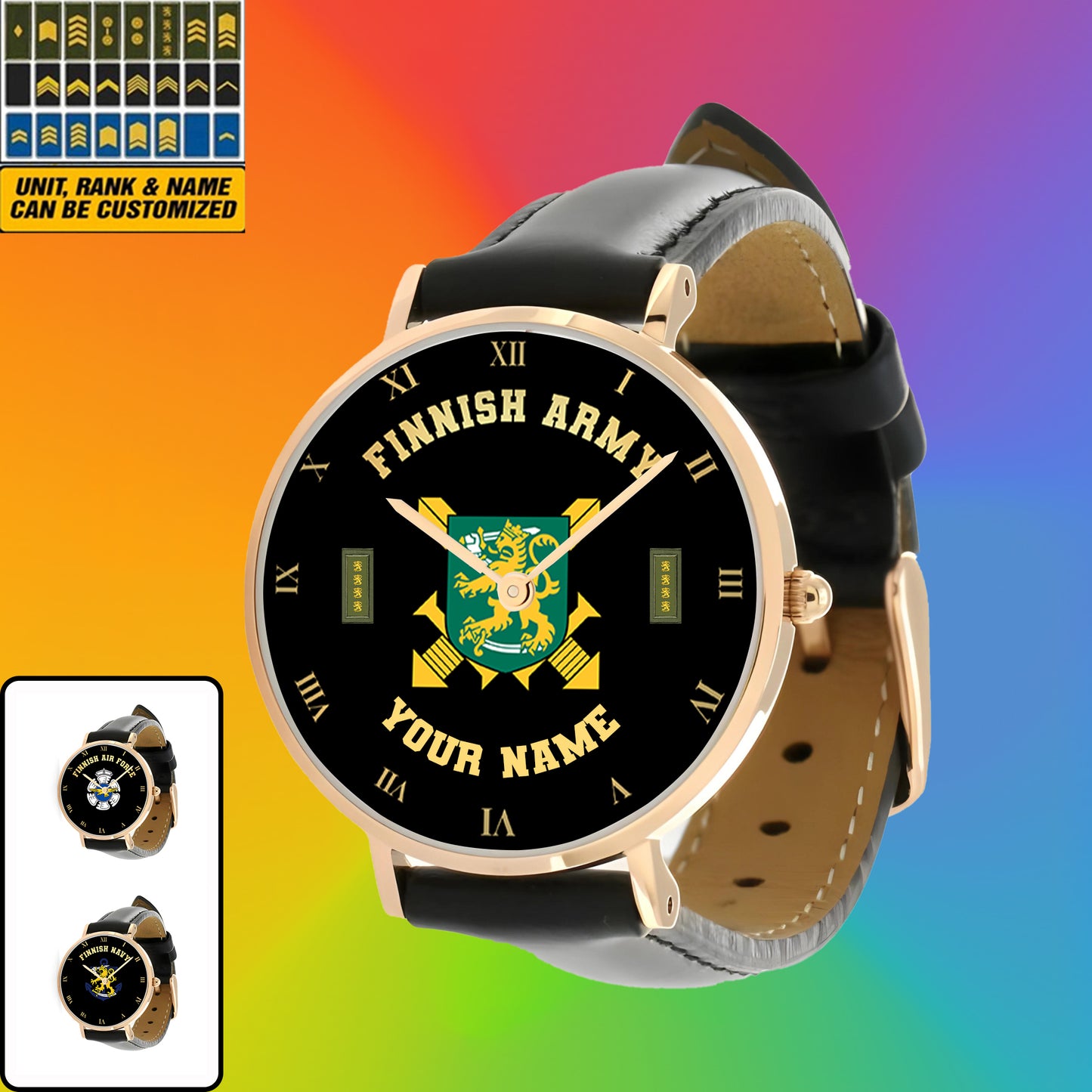 Montre personnalisée en cuir noir avec coutures noires pour soldat/vétéran finlandais avec nom et grade - 0803240001 - Version dorée