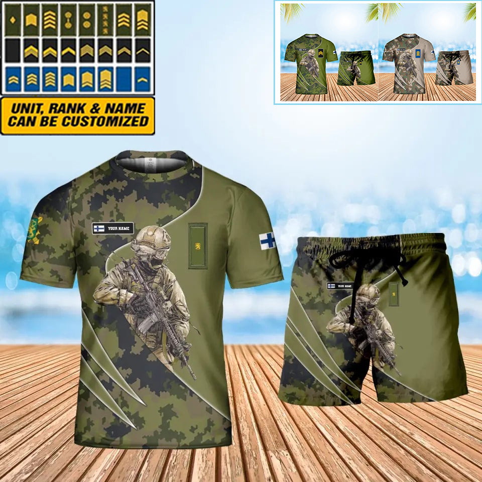 Personalisiertes finnisches Soldaten-/Veteranen-Tarnmuster mit Namen und Rang, Kombi-T-Shirt + Shorts, 3D-Druck – 15052401QA