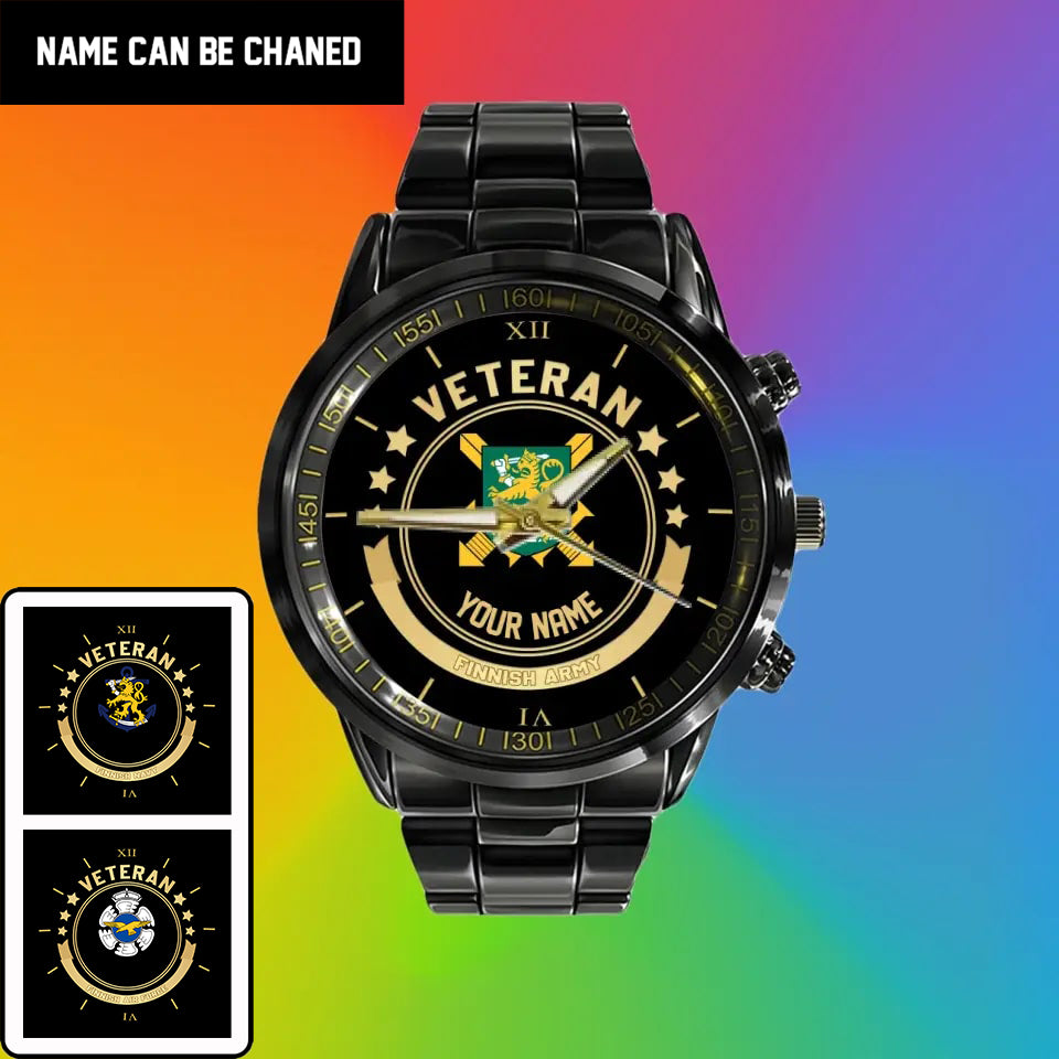 Personalisierte finnische Soldat/Veteran mit Namen, schwarze Edelstahluhr – 1103240001 – goldene Version