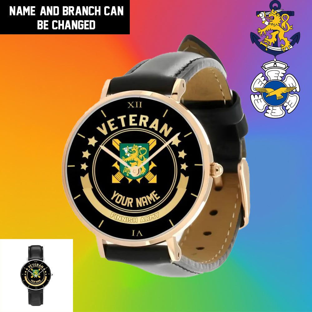 Personalisierte finnische Soldat/Veteran mit Namen, schwarze genähte Lederuhr – 1103240001 – goldene Version