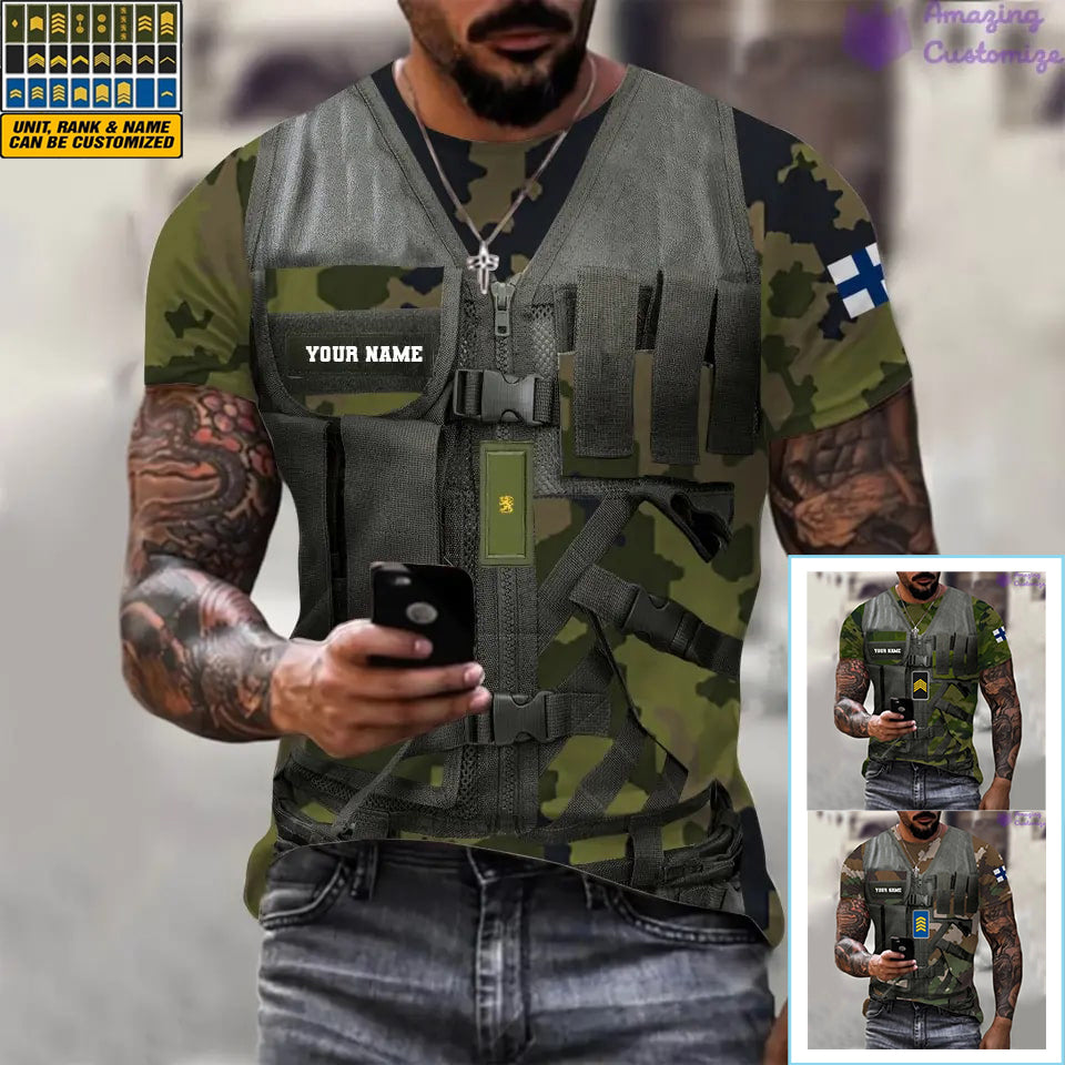 T-shirt personnalisé avec camouflage soldat/vétéran finlandais avec nom et grade imprimé en 3D - 22042401QA