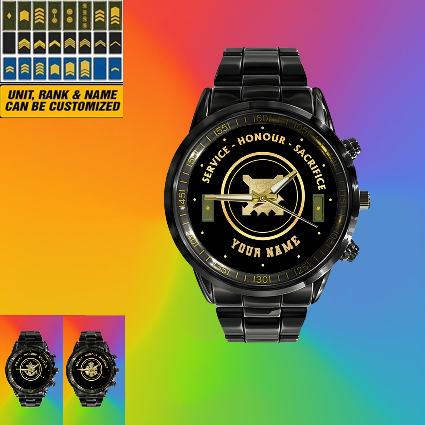 Personalisierte finnische Soldat/Veteran mit Namen und Rang schwarze Edelstahluhr - 2603240001 - Goldversion