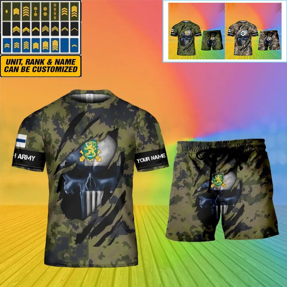 T-shirt personnalisé avec camouflage soldat/vétéran finlandais avec nom et grade + short imprimé en 3D - 08042402QA