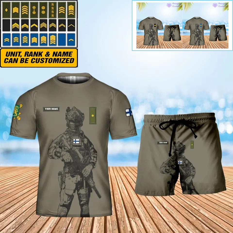 T-shirt personnalisé avec camouflage soldat/vétéran finlandais avec nom et grade + short imprimé en 3D - 17042401QA