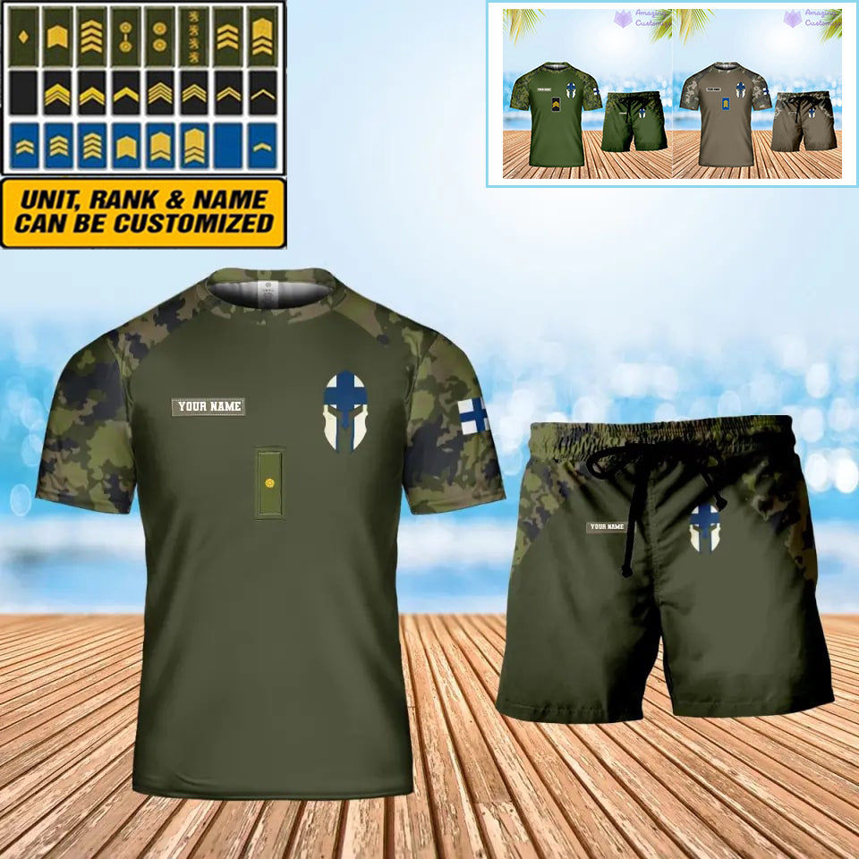 Personalisierter finnischer Soldat/Veteran, Camouflage, mit Namen und Rang, Kombi-T-Shirt + Short, 3D-Druck – 1010230001QA