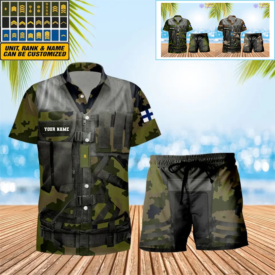 T-shirt Hawaï personnalisé avec camouflage soldat/vétéran finlandais et combo de grades + short imprimé en 3D - 22042401QA