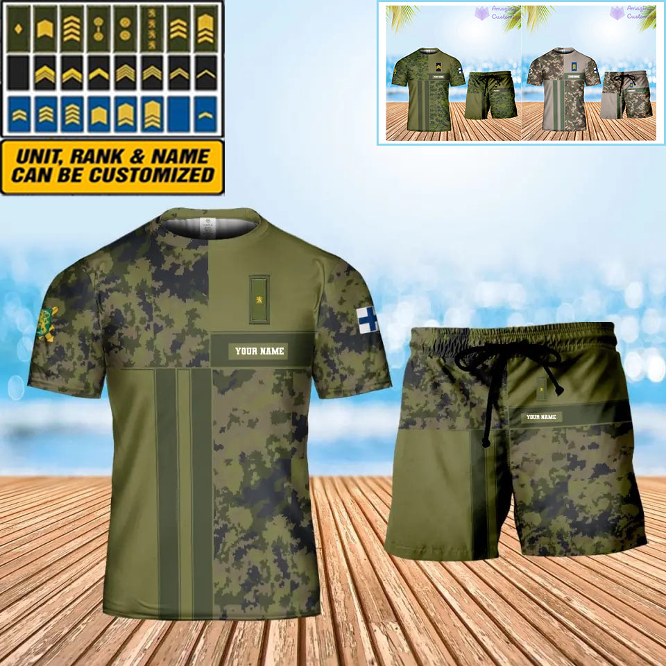 T-shirt personnalisé avec camouflage soldat/vétéran finlandais avec nom et grade + short imprimé en 3D - 07042401QA