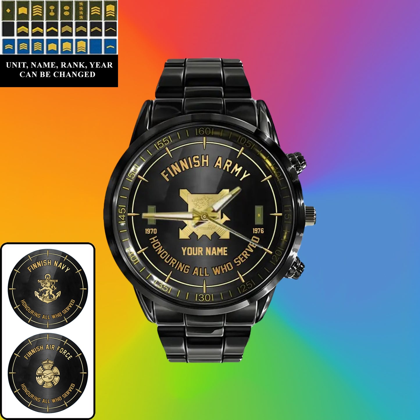 Personalisierte finnische Soldat/Veteran mit Namen, Rang und Jahr schwarze Edelstahluhr - 26042401QA - Goldversion