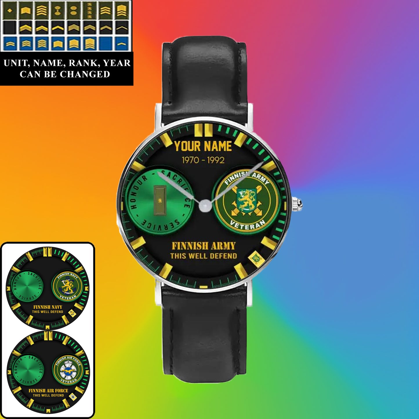 Personalized Finland Soldier/ Veteran With Name, Rank and Year Black Stitched Leather Watch - 18062402QA - Gold Version