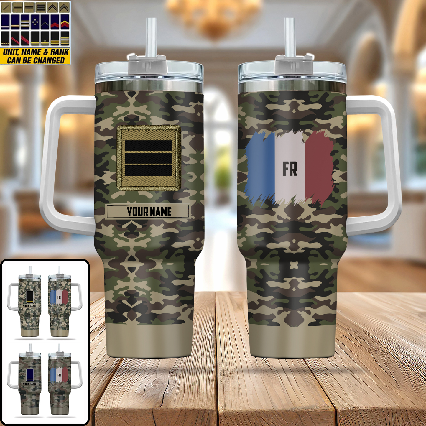 Personalized France Soldier/ Veteran Camo With Name And Rank 40oz Tumbler 3D Printed - 2401240001