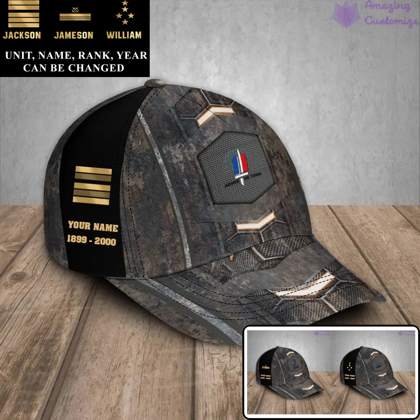 Casquette de baseball camouflage personnalisée avec grade, année et nom pour soldat/ancien combattant français - 17177184