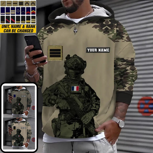 Sweat à capuche personnalisé avec camouflage soldat/vétéran de la France avec nom et grade imprimé en 3D - 2911230001