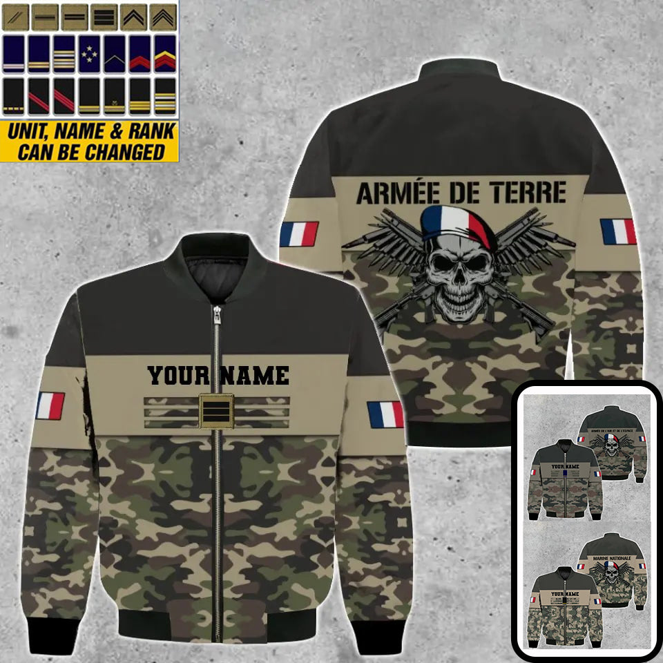 Personalisierte Bomberjacke mit Camouflage-Muster für französische Soldaten/Veteranen mit Namen und Rang, bedruckt -111223001