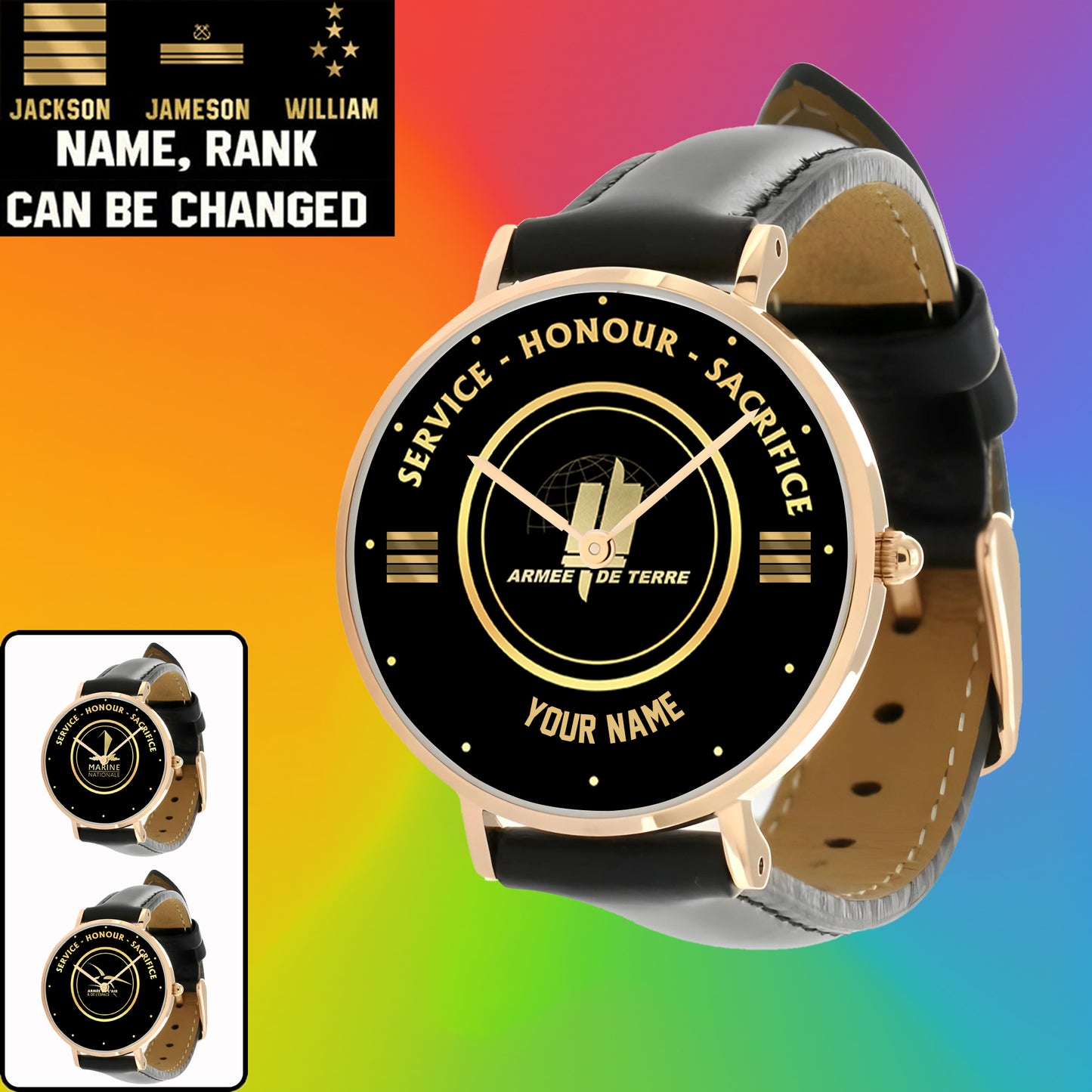 Personalized France Soldier/ Veteran With Name, Rank Black Stitched Leather Watch - 2603240001 - Gold Version