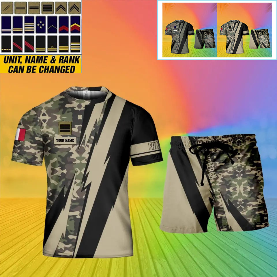 Personalisiertes französisches Soldaten-/Veteranen-Tarnmuster mit Namen und Rang, Kombi-T-Shirt + Shorts, 3D-Druck – 0503240001QA