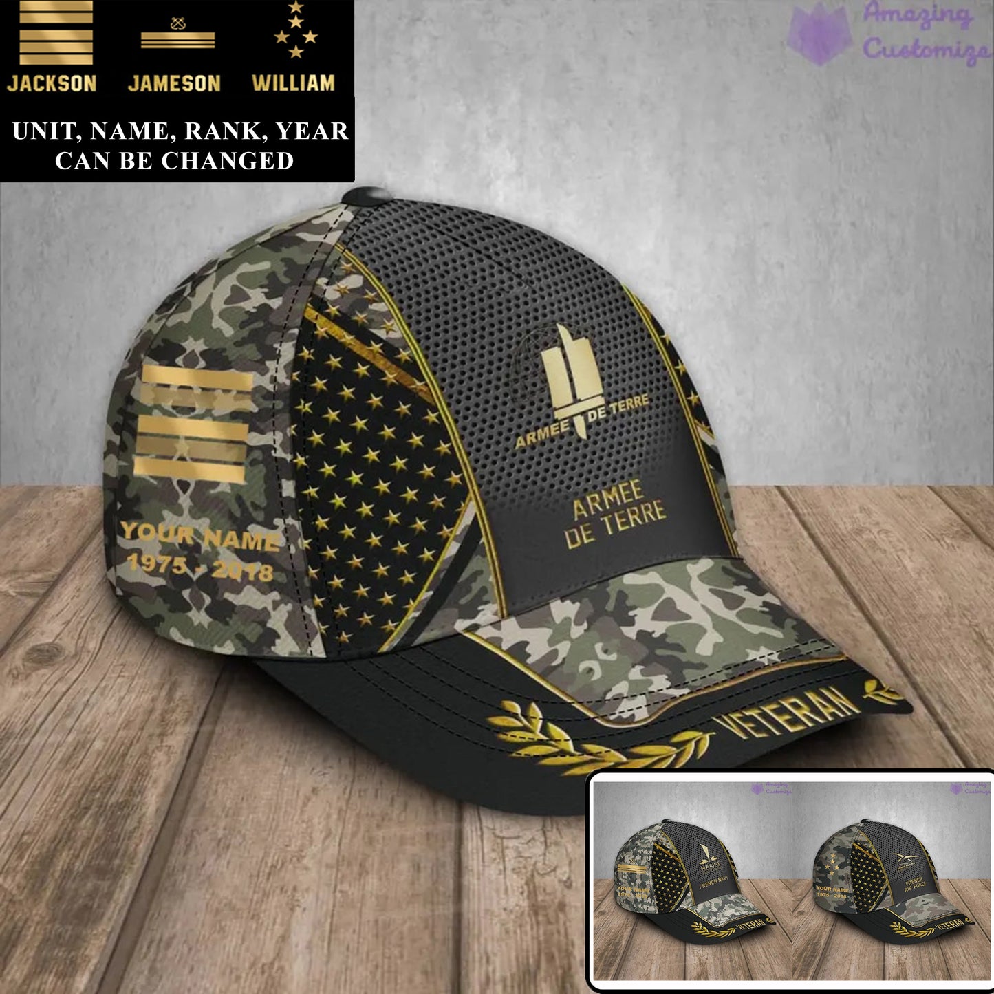 Casquette de baseball camouflage personnalisée avec grade, année et nom pour soldat/ancien combattant français - 17163360