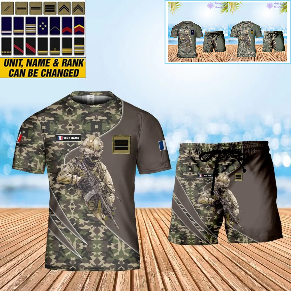 T-shirt personnalisé avec camouflage soldat/vétéran de la France avec nom et grade combinés + short imprimés en 3D - 15052401QA