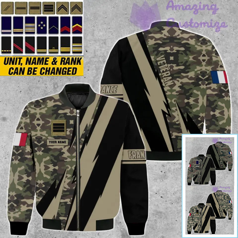 Personalisierte Bomberjacke mit Camouflage-Muster für französische Soldaten/Veteranen mit Namen und Rang, 3D-Druck – 05032401QA