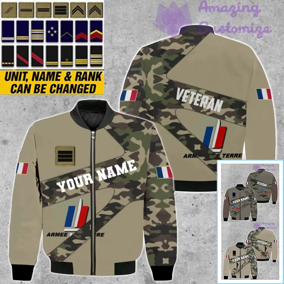 Personalisierte Bomberjacke mit Camouflage-Muster für französische Soldaten/Veteranen mit Namen und Rang, 3D-Druck – 300124QA