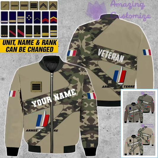 Veste de bombardier personnalisée avec camouflage soldat/vétéran de la France avec nom et grade, imprimée en 3D - 300124QA