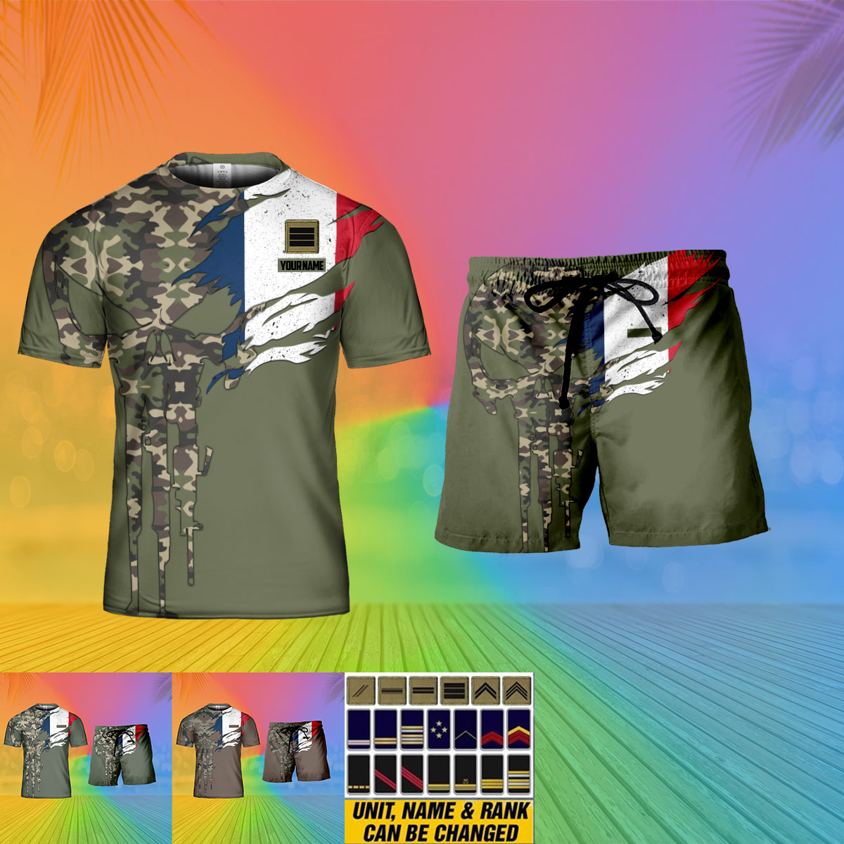 T-shirt personnalisé avec camouflage soldat/vétéran de la France avec nom et grade combinés + short imprimés en 3D