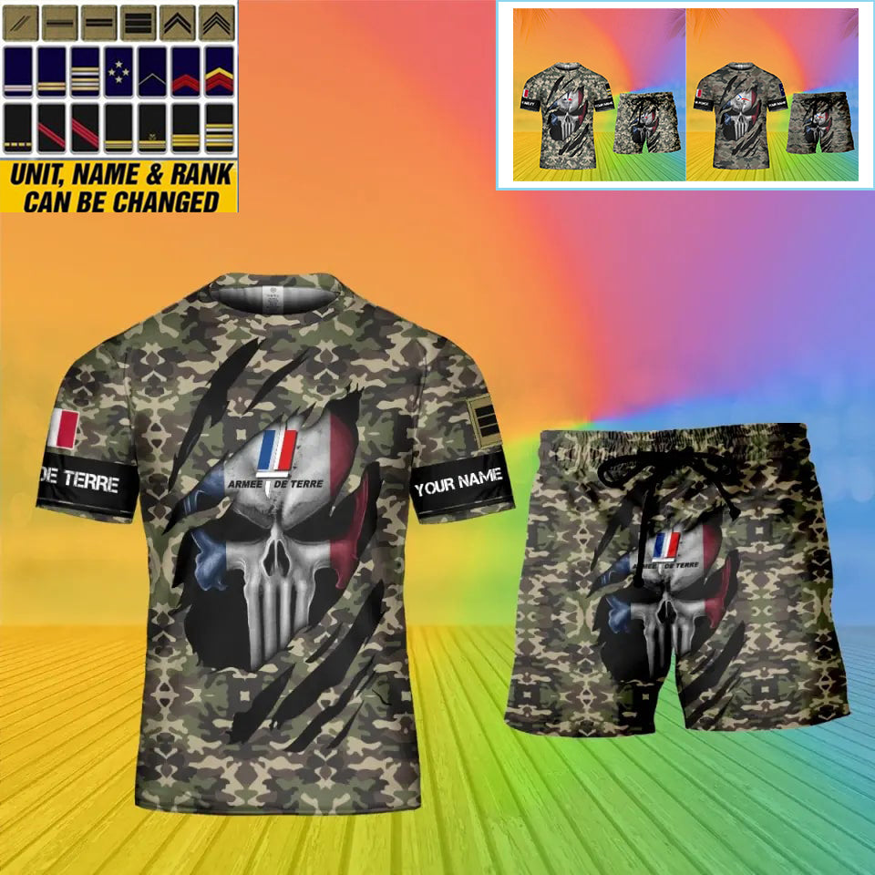 T-shirt personnalisé avec camouflage soldat/vétéran de la France avec nom et grade combinés + short imprimés en 3D - 08042402QA