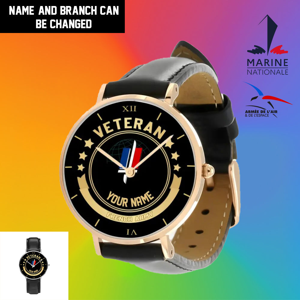 Personalized France Soldier/ Veteran With Name Black Stitched Leather Watch - 1103240001 - Gold Version